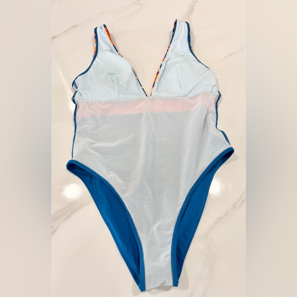 Floral Color Block One Piece Deep V Medium Spring Break Padded Bathing Swimsuit - Picture 4 of 8